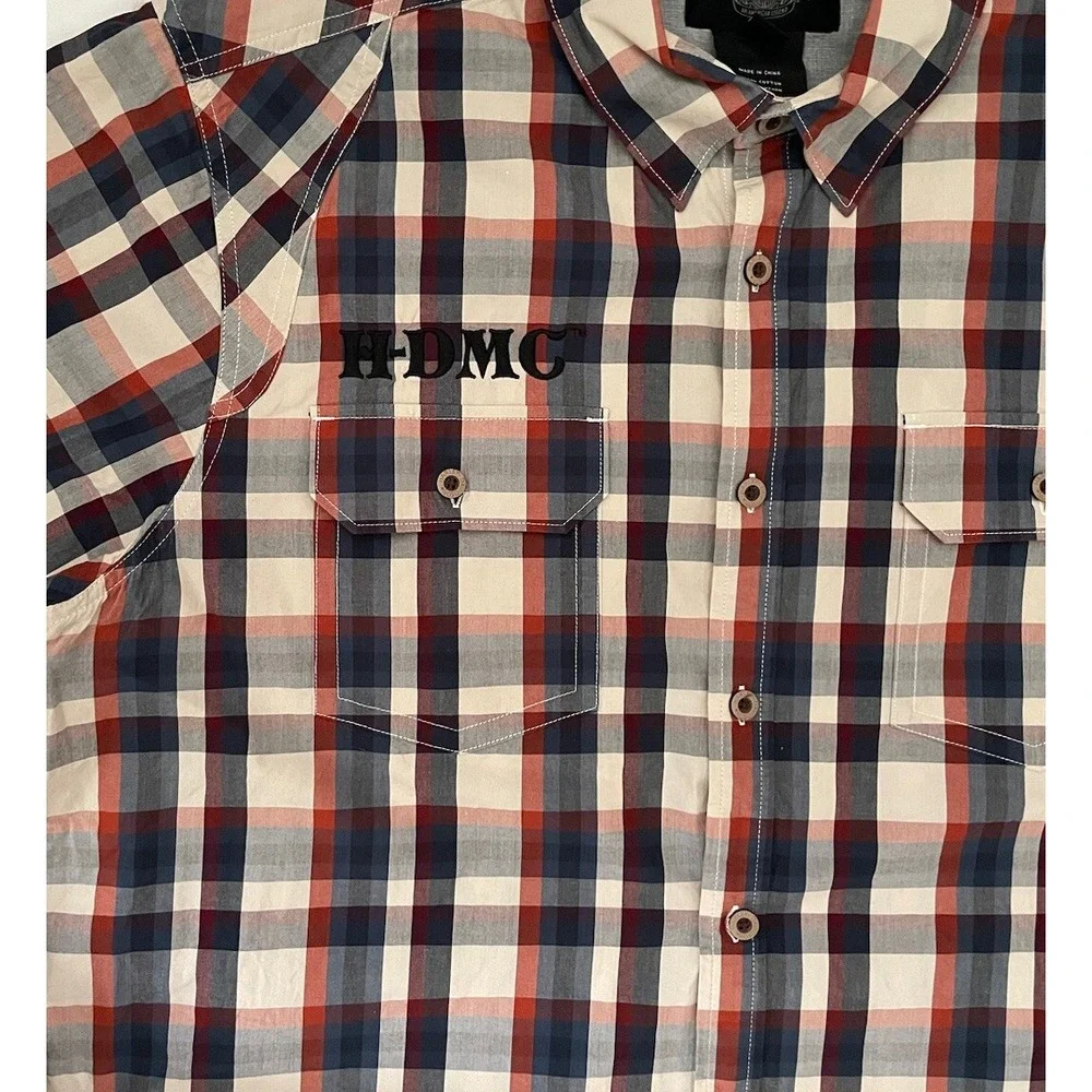 Harley Davidson Motorcycle Patch Button Shirt‎ Blue Beige Plaid HDMC Men's 2XL
